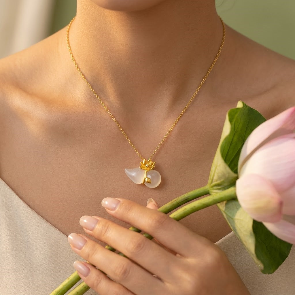 White Chalcedony Gourd Lotus Pendant Necklace