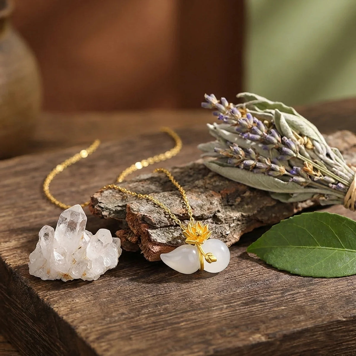White Chalcedony Gourd Lotus Pendant Necklace