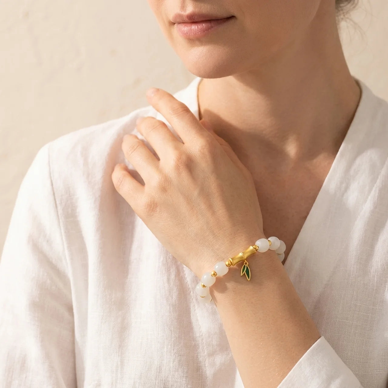 White Jade Bamboo Beaded Bracelet