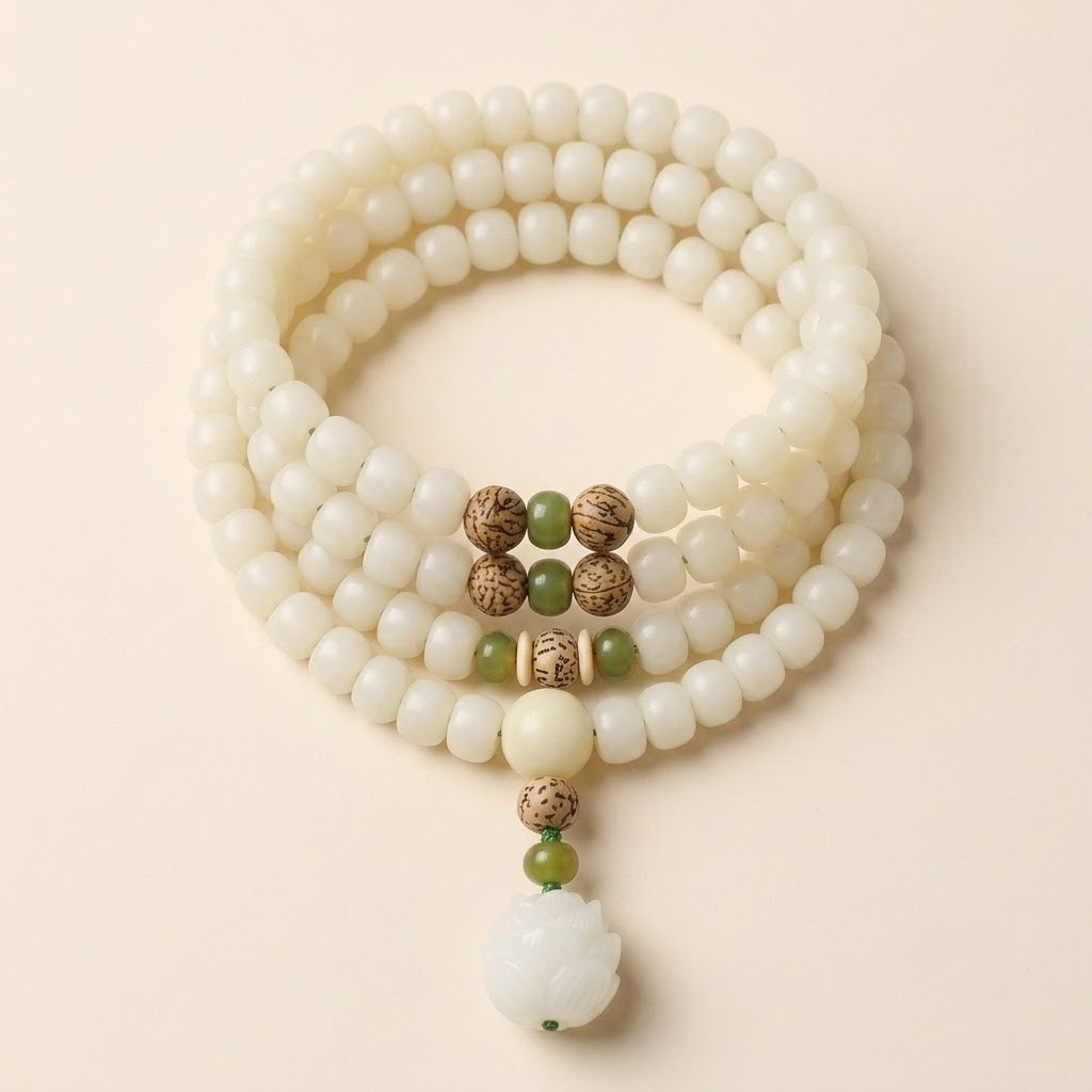 White Jade Bodhi Lotus Mala Bracelet
