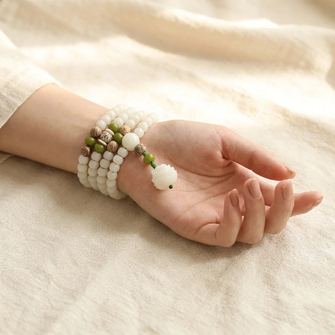 White Jade Bodhi Lotus Mala Bracelet