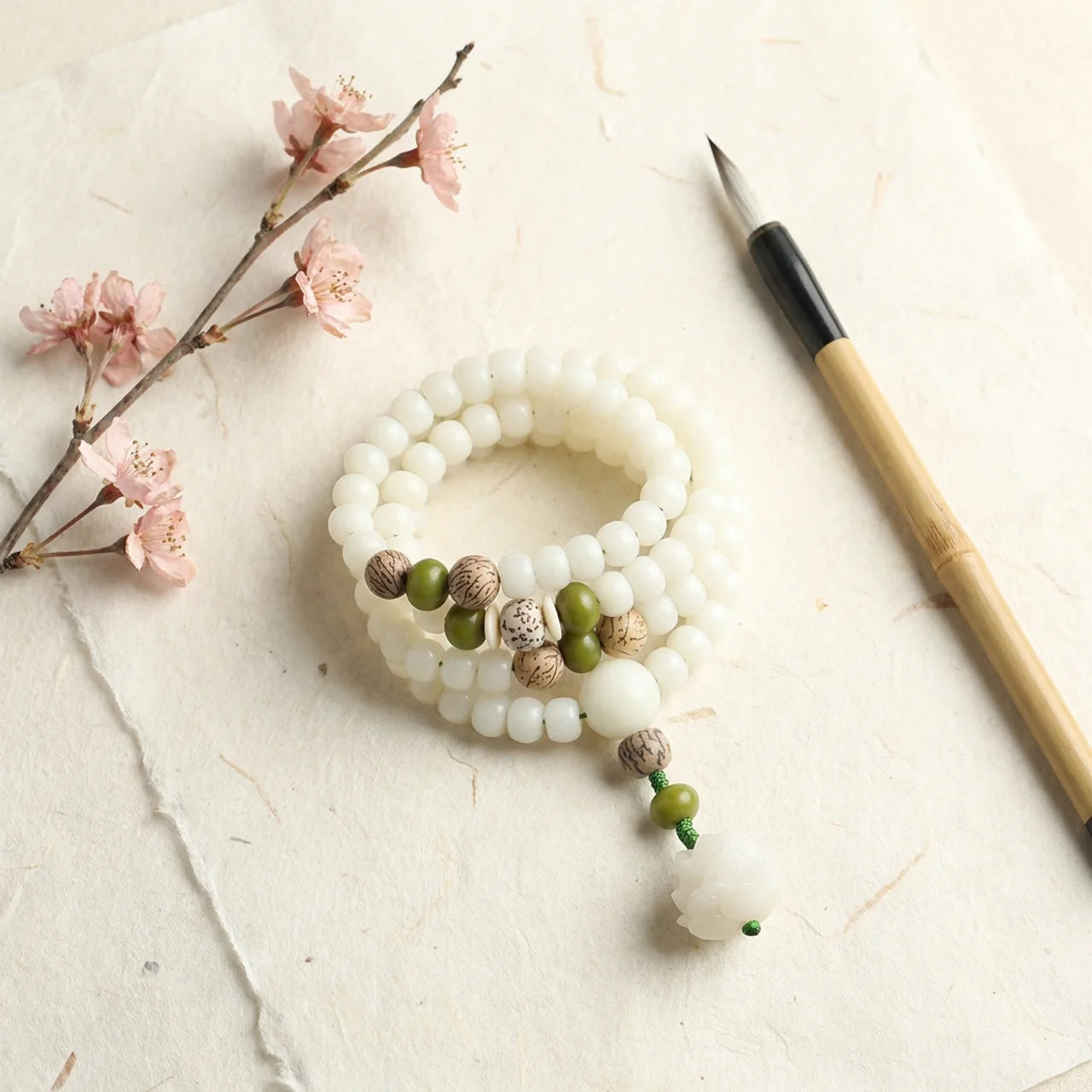 White Jade Bodhi Lotus Mala Bracelet