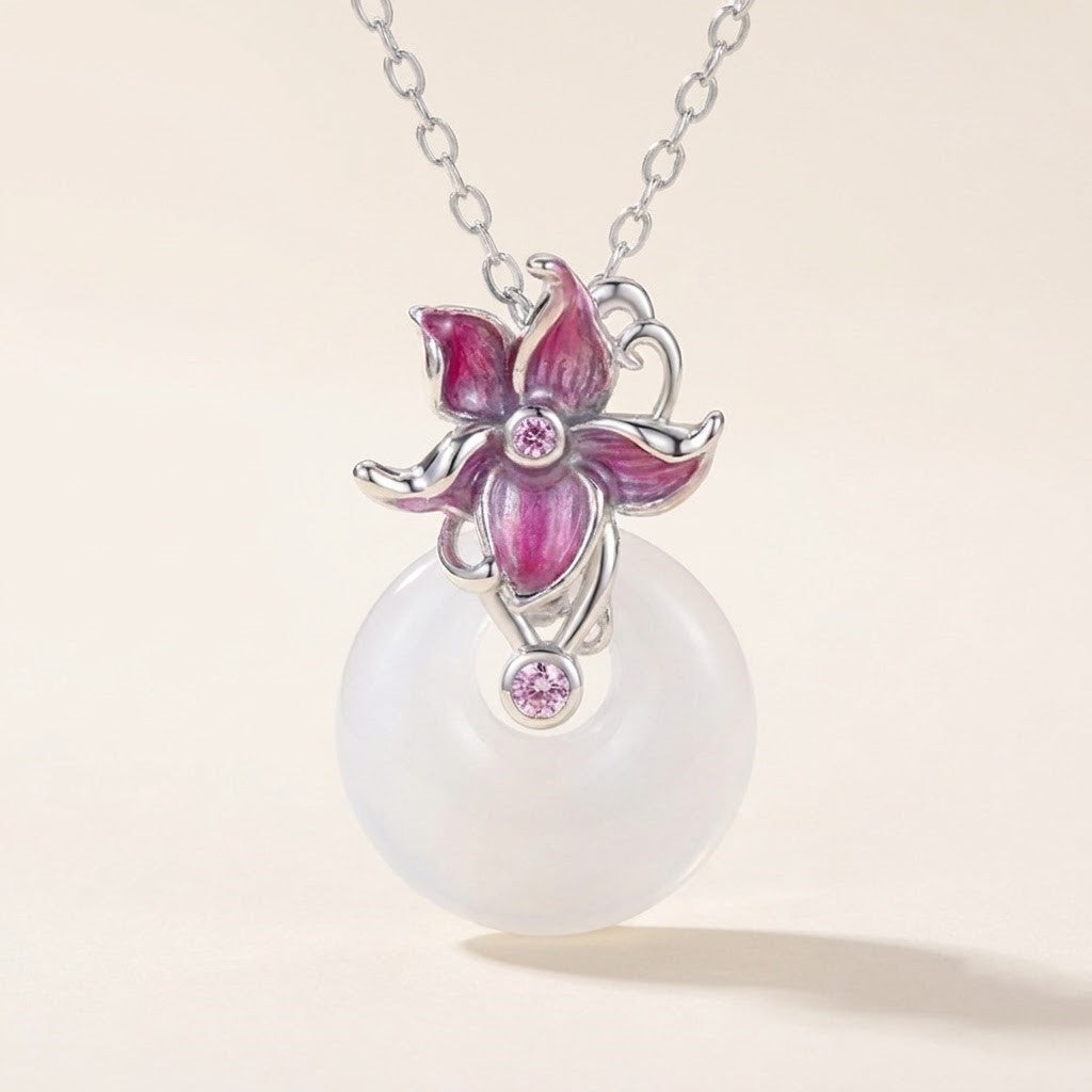 White Jade Floral Safety Buckle Pendant Necklace