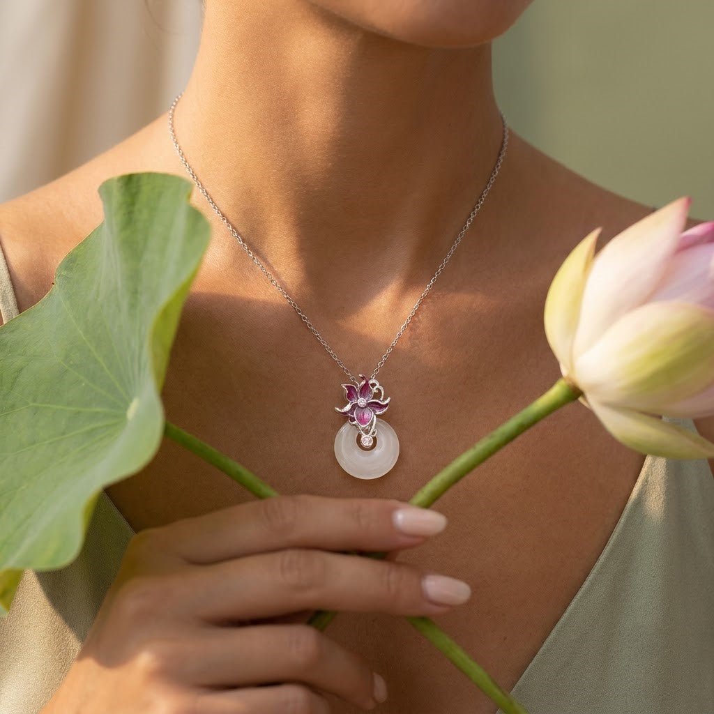 White Jade Floral Safety Buckle Pendant Necklace