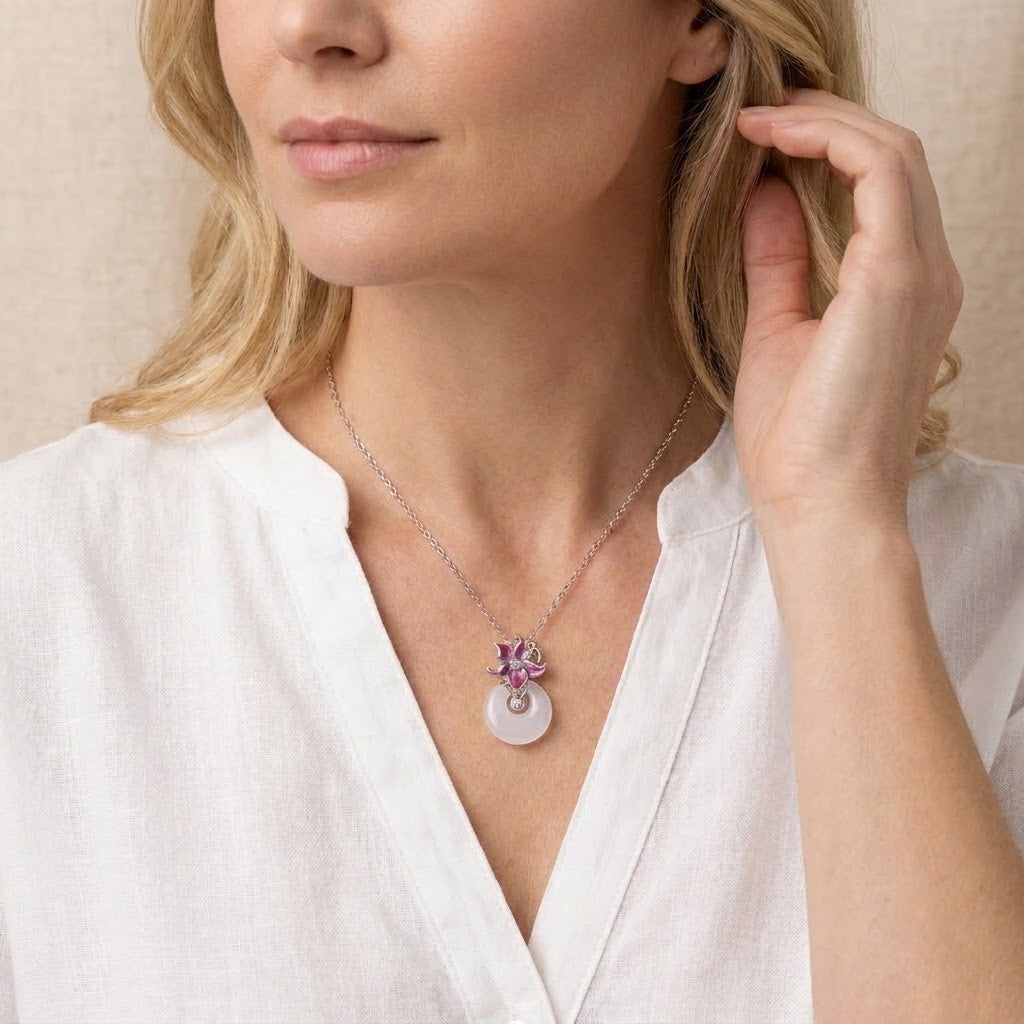 White Jade Floral Safety Buckle Pendant Necklace