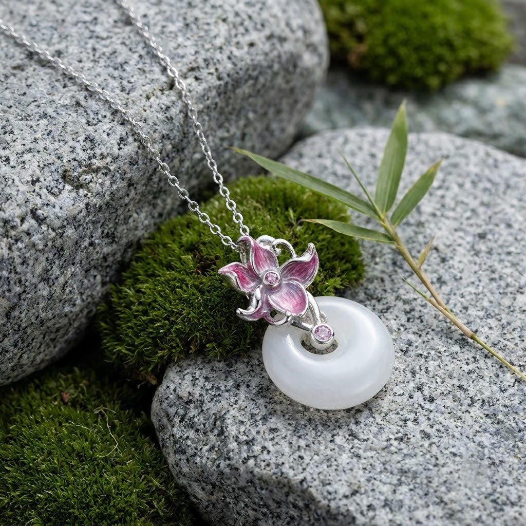White Jade Floral Safety Buckle Pendant Necklace