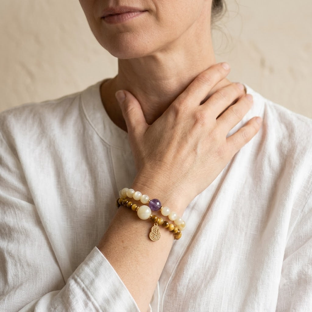 White Jade & Amethyst Double Wrap Bracelet