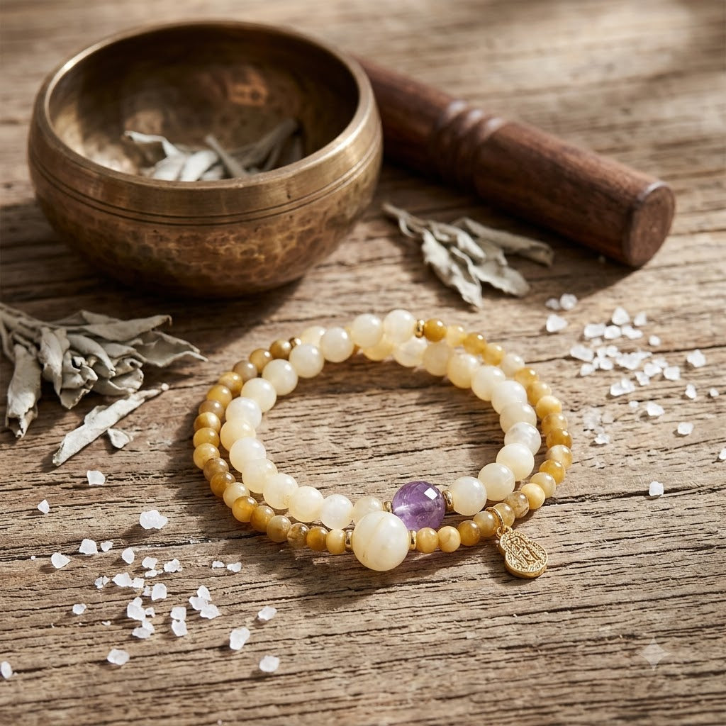 White Jade & Amethyst Double Wrap Bracelet