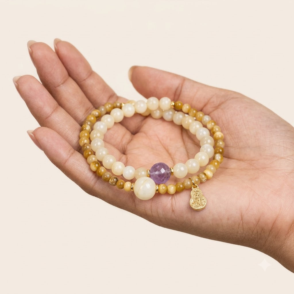 White Jade & Amethyst Double Wrap Bracelet
