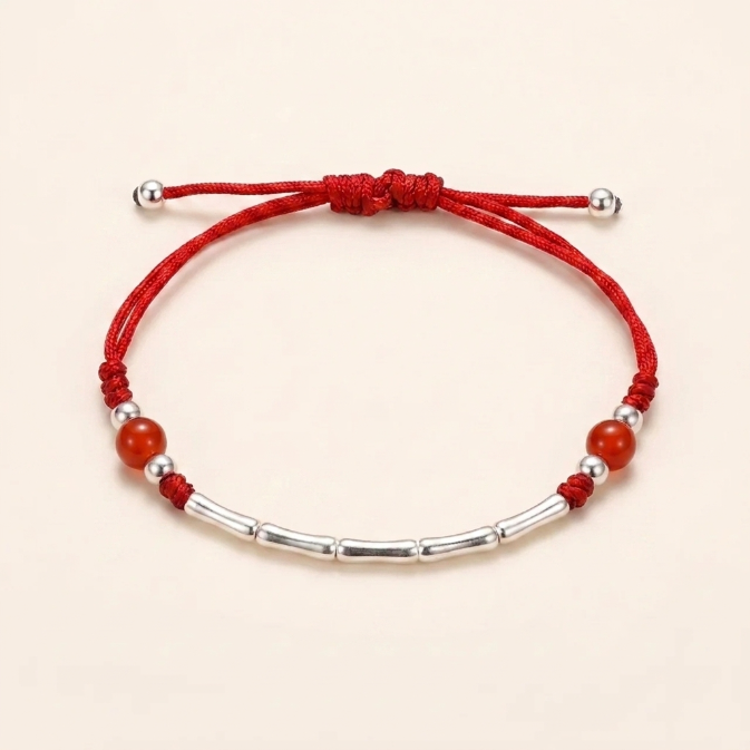 White Red Agate Bamboo Silver Bracelet