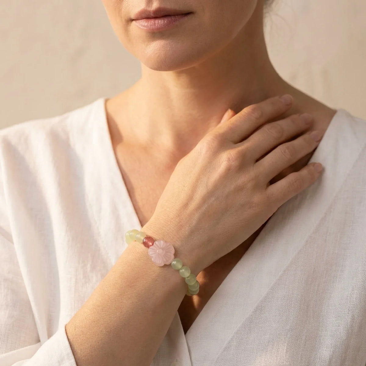 Xiuyan Jade & Rose Quartz Flower Bracelet