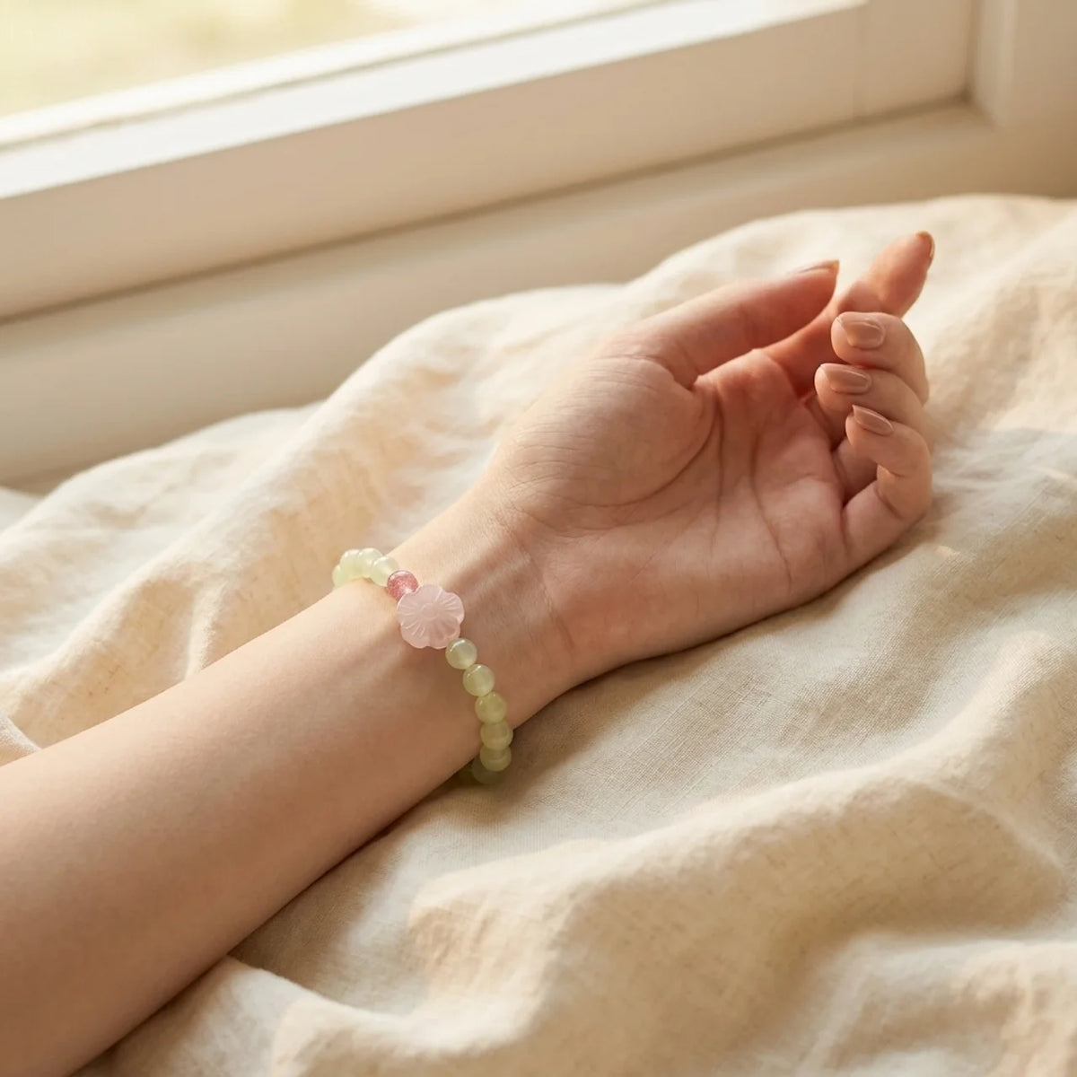 Xiuyan Jade & Rose Quartz Flower Bracelet