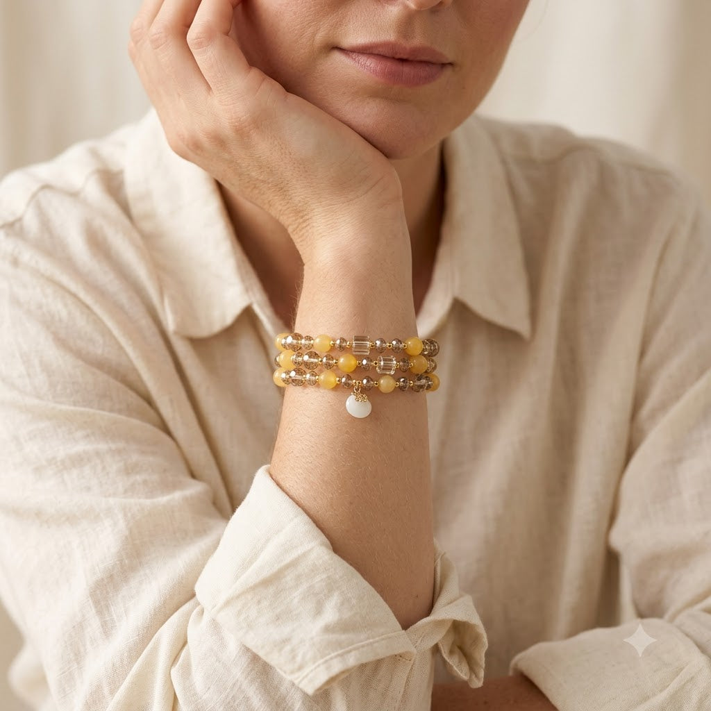 Yellow Agate and Champagne Crystal Wrap Bracelet