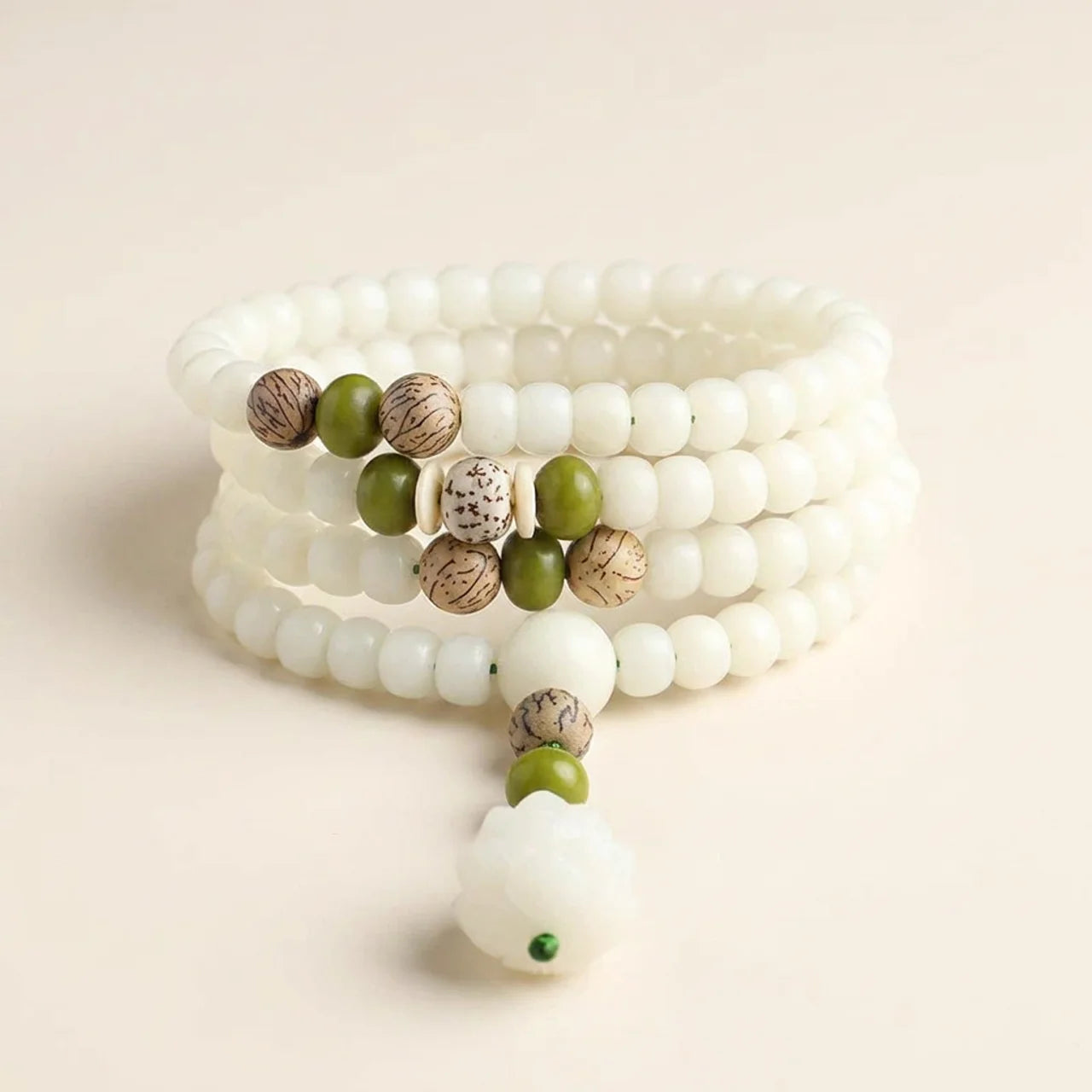 White Jade Bodhi Lotus Mala Bracelet