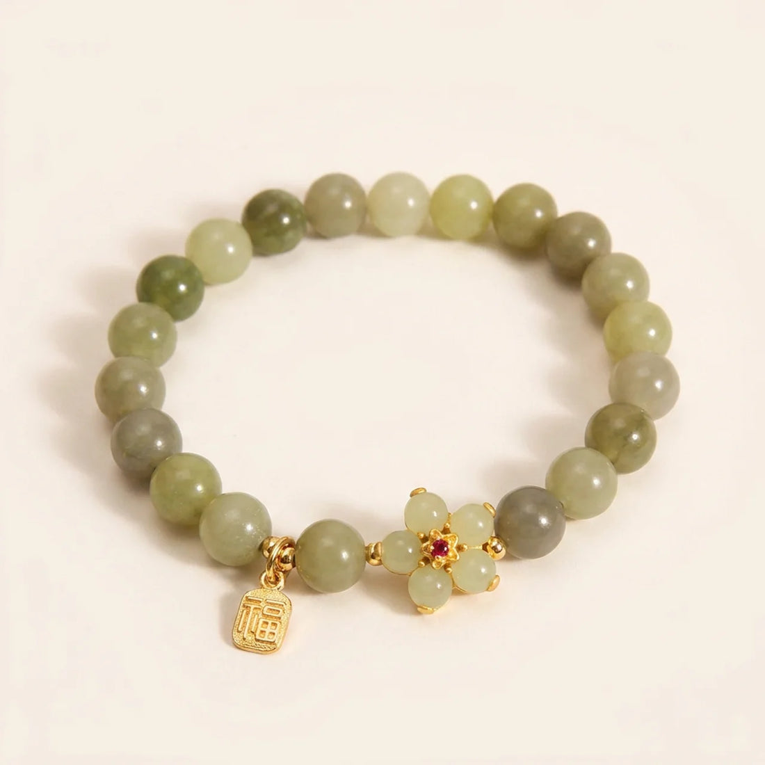 Green Jade Flower Fu Charm Bracelet