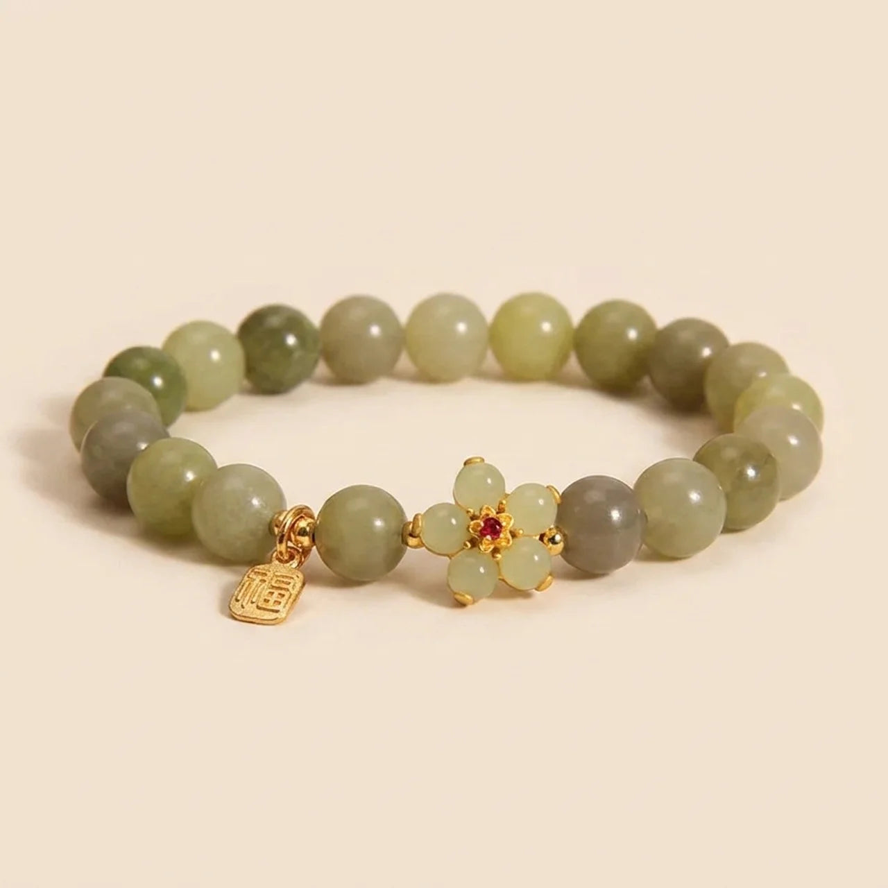 Green Jade Flower Fu Charm Bracelet