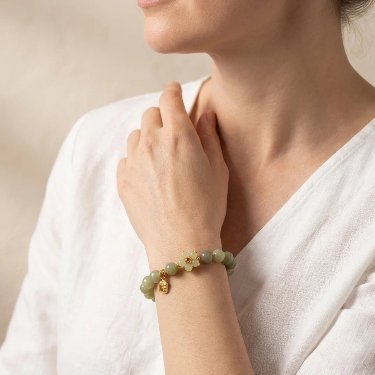 Green Jade Flower Fu Charm Bracelet