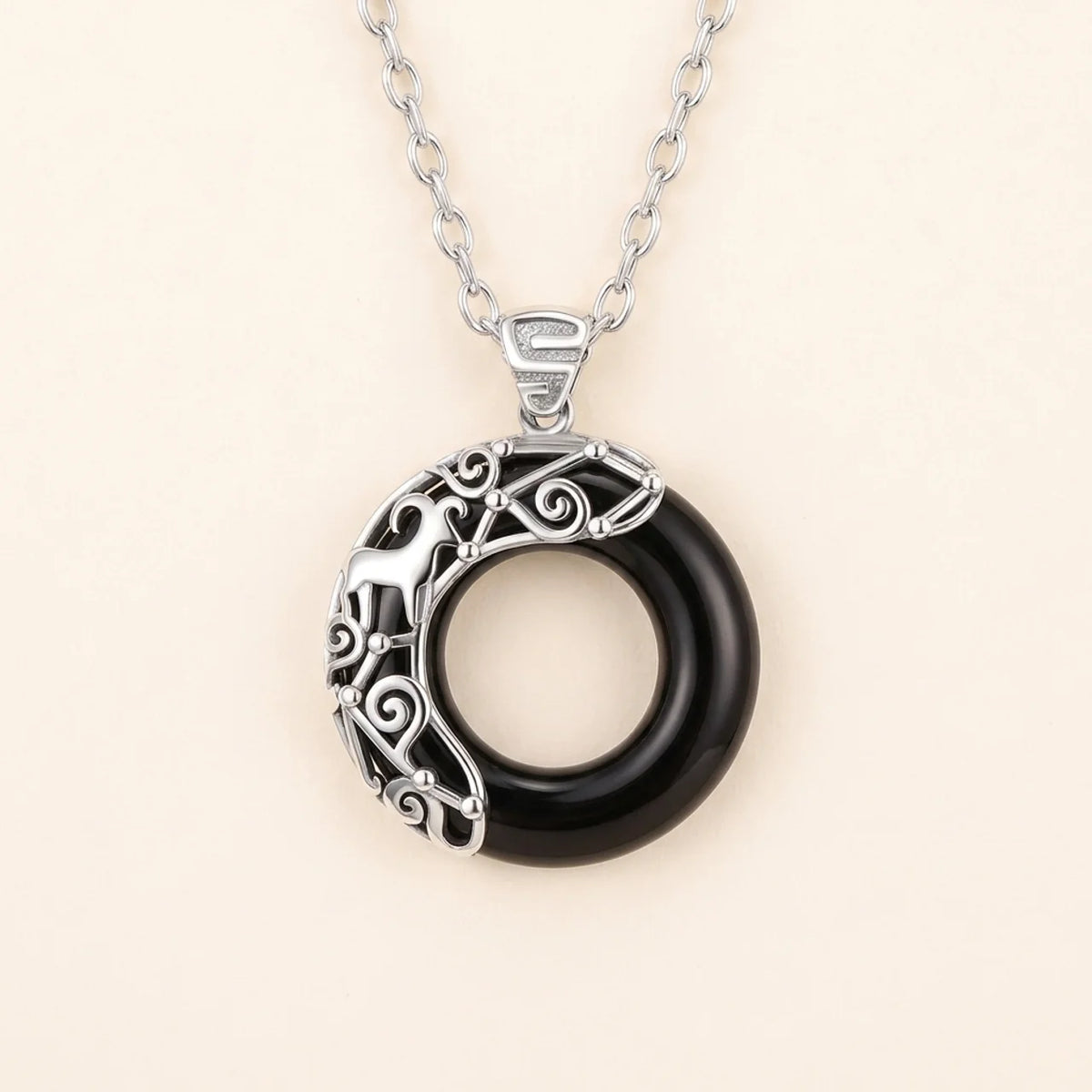 Black Obsidian Zodiac Round Pendant Necklace