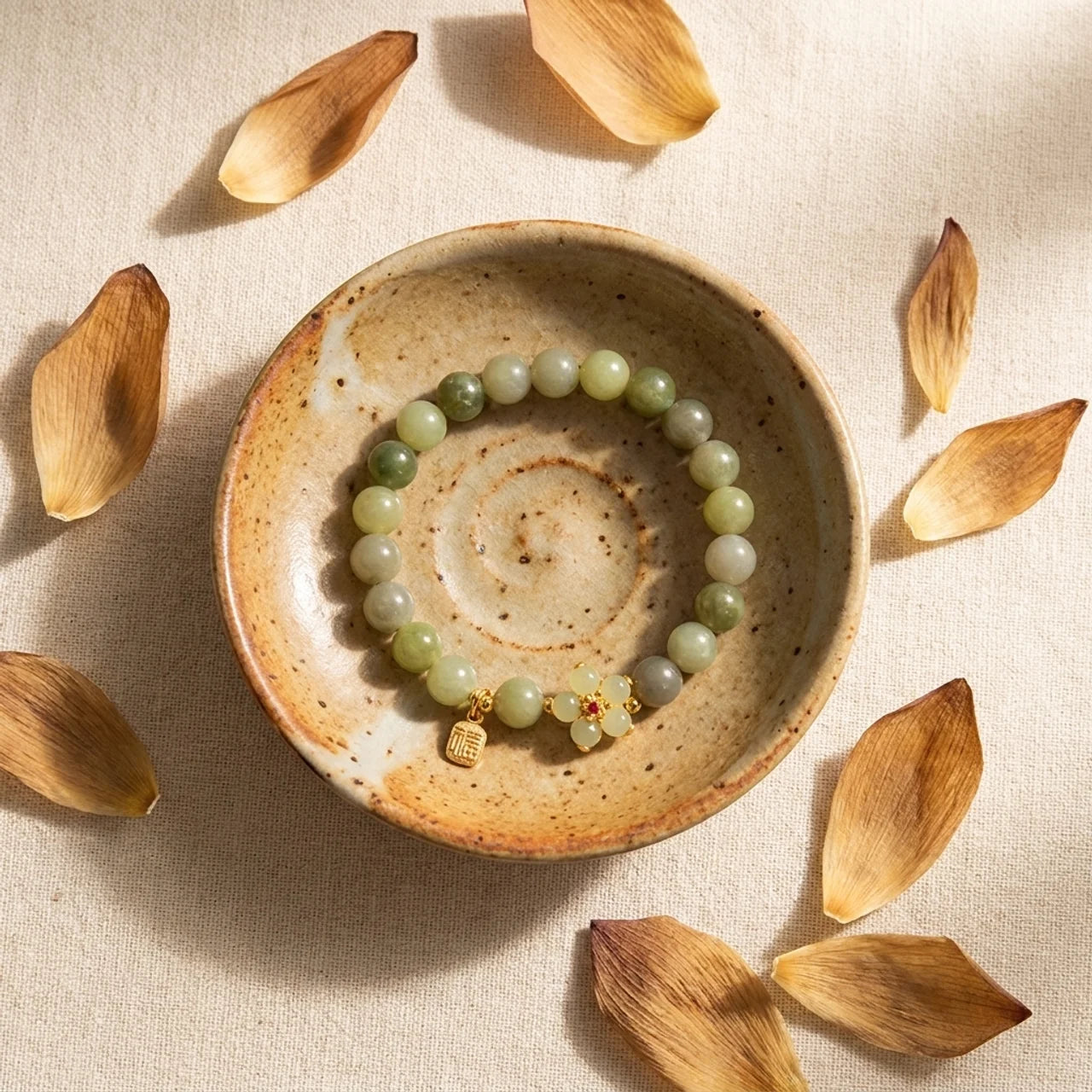 Green Jade Flower Fu Charm Bracelet