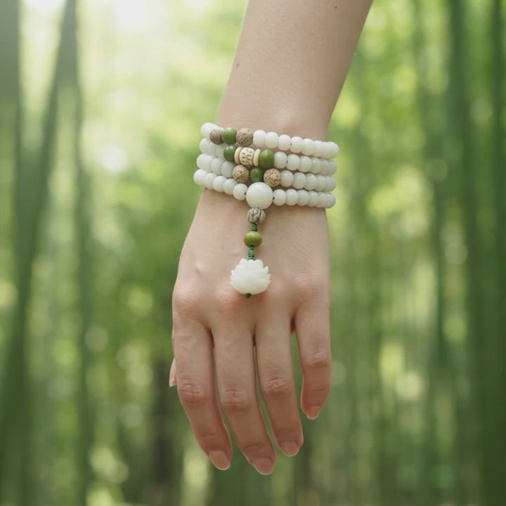 White Jade Bodhi Lotus Mala Bracelet